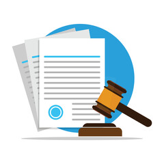 Judge Gavel and Paper Vector Illustration. Symbol for Law and Justice. Judge gavels with contract. Legal protection and notes of transaction. Business contract and agreement.