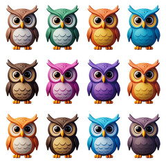 Png set of cute colorful 3d owls