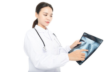 Young Chinese female doctor on white background