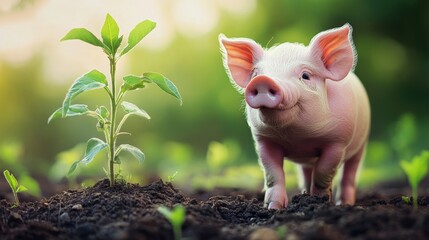 Cute piglet standing near a small plant in a garden.