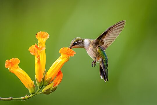 A hummingbird gracefully feeding on a vibrant orange flower in a sunny garden.