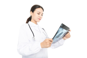 Young Chinese female doctor on white background
