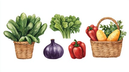 Fresh Organic Vegetables in Baskets with Colorful Greens and Root Produce for Healthful Eating and Cooking Inspiration