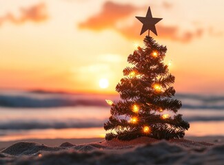 Miniature illuminated evergreen tree with star on beach at sunset