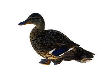 A duck stands on the shore, its feet firmly planted in the grass or damp ground. Its smooth...