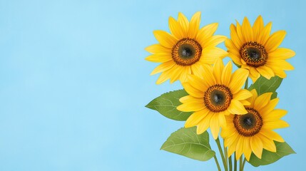 Obraz premium Bright and Cheerful Sunflowers Against a Light Blue Background for Floral Decoration or Greeting Card Design