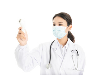 Young Chinese female doctor on white background