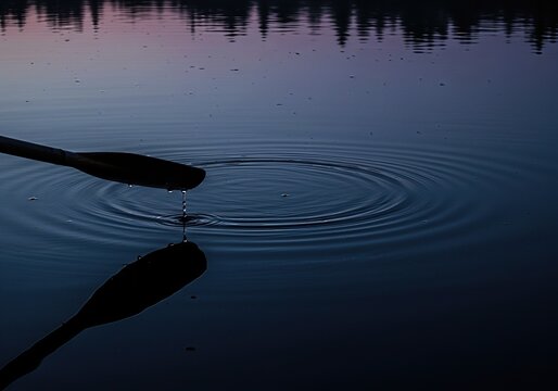 Oars Just Touching Still Lake Water at Dusk, Creating Ripples - Powered by Adobe