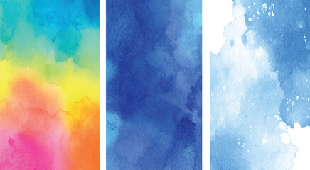 Vibrant Watercolor Backgrounds Set Rainbow Hues Blue Shades Light Blue Texture Abstract Design Elements Digital Papers