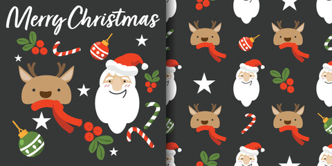Christmas holidays banner and seamless pattern of Santa Claus with cute reindeer wearing red scarf, Christmas balls, candy cane, Holly berries and stars on black background. Vector illustration