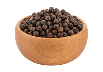 Isolated Wooden Bowl Filled with Aromatic Black Peppercorns for Seasoning