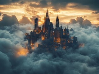 Fototapeta premium Blade and Brick: Where Cyberpunk Skyscrapers Meet a Fortress from the Past, sunset over the city
