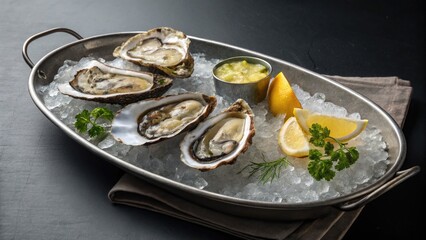 Fresh oysters on ice with lemon wedges, a delicious seafood appetizer.