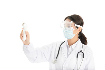 Young Chinese female doctor on white background