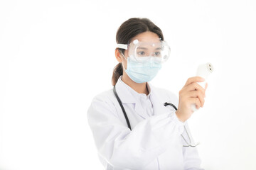 Young Chinese female doctor on white background