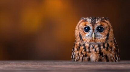 Cute Owl Sitting on a Wooden Table with Blurred Background in Warm Tones