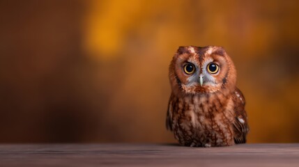 Captivating Close-Up of a Curious Owl Perched on a Wooden Surface with a Soft Blurred Background