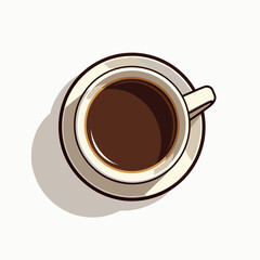 Overhead View of a Cup of Dark Coffee on a Saucer, Simple Cartoon Style Illustration