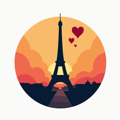 Eiffel Tower Silhouette at Sunset in Paris with Romantic Hearts Illustration, a Love for Travel