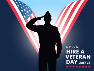 Silhouette of a soldier saluting with american flag and hire a veteran day message