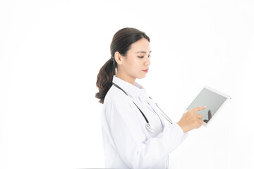 Young Chinese female doctor on white background