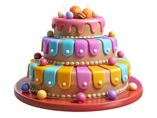 Festive three tiered cake with colorful decorations isolated on a transparent background