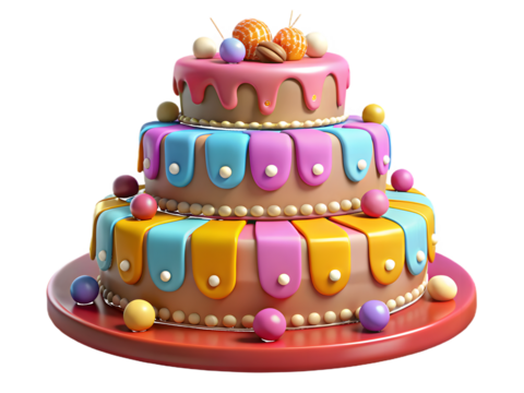 Festive three tiered cake with colorful decorations isolated on a transparent background