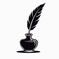 Elegant Black and White Illustration of a Feather Quill in an Inkwell, Symbolizing Writing and Literature