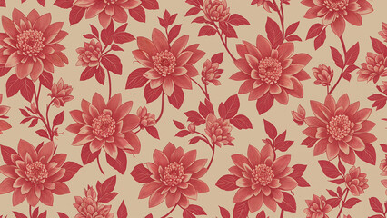 Colorful floral pattern featuring red flowers and leafes on a cream background, elegant and vibrant textile design for home decor or fashion