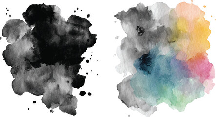 Abstract Watercolor Paint Splashes Black Gray Teal Pink Yellow Green Color Blobs Ink Stains Set Design Elements