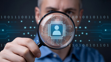 Person looks at circuit board person icon through magnifying glass in a search for AI talent, tech skills, or cybersecurity threats.