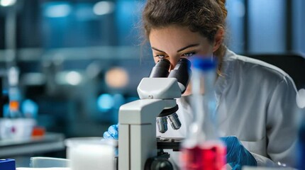 Female scientist analyzing bacteria in microscope biotechnology - Powered by Adobe