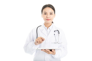 Fototapeta premium Young Chinese female doctor on white background