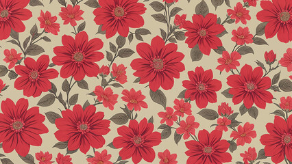 Colorful floral pattern featuring red flowers and leafes on a cream background, elegant and vibrant textile design for home decor or fashion