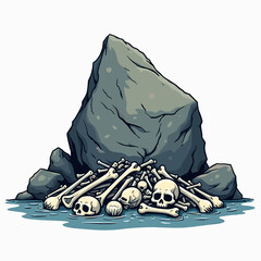 Pile of Skulls and Bones with a Large Rock, Cartoon Style Illustration of Death and Decay