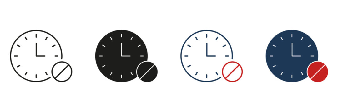 Clock With Pill Line And Solid Icon Set. Medication Timing, Dosage Schedule, And Prescription Management Symbol Collection. Healthcare And Pharmaceutical Reminder. Isolated Vector Illustration