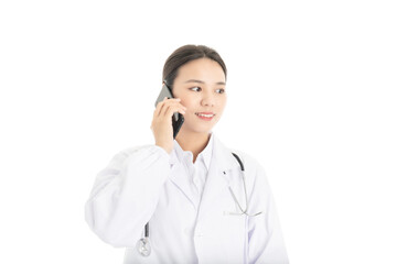 Young Chinese female doctor on white background