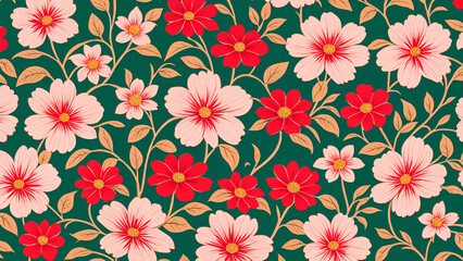 Colorful floral pattern featuring red flowers and leafes on a cream background, elegant and vibrant textile design for home decor or fashion