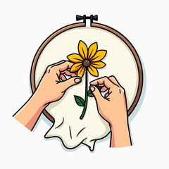 Hands Embroidering a Yellow Flower in an Embroidery Hoop Illustration, Creative Needlework Project