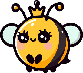 Cute Round Queen Bee Cartoon – Kawaii Chubby Bee with Crown and Big Eyes for Kids and Nursery Art