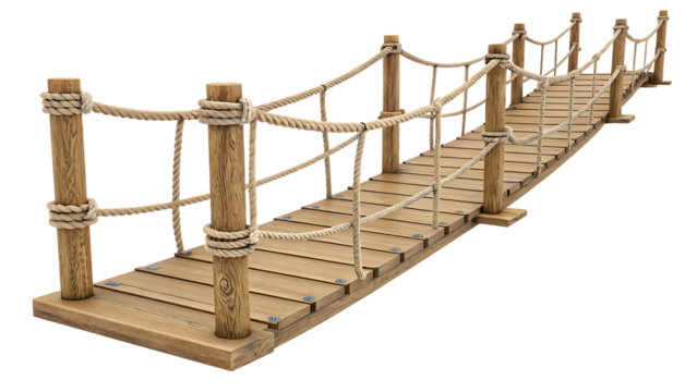 3 D model of a wooden rope bridge with multiple angled views isolated on a transparent background 3d model - Powered by Adobe