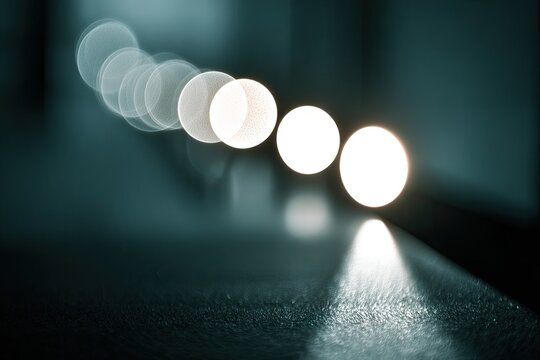 Soft-focus lights, blurred movement, dark backdrop. Circular light trails on a textured surface