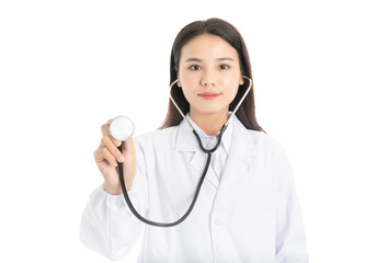 Young Chinese female doctor on white background