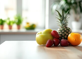 Fresh fruit arrangement on a light wooden counter with a bright kitchen background