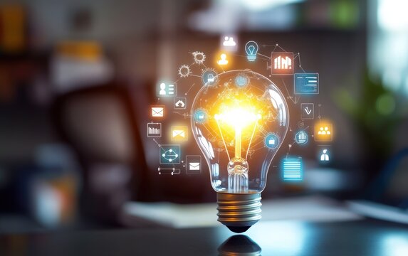 Glowing lightbulb with data icons representing creative ideas and innovation - Powered by Adobe