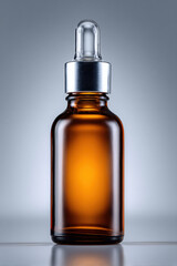 Amber glass serum bottle with dropper, showcasing sleek design and warm glow. Ideal for cosmetic or skincare products, this bottle emphasizes elegance and functionality