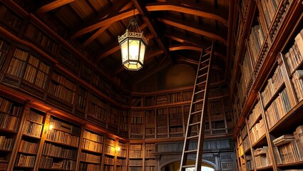 Fototapeta premium Historic library with tall wooden bookshelves filled with old books and a ladder