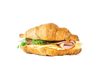 Croissant sandwich with cheese, ham and pea microgreens isolated on white.