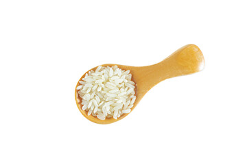 Wooden spoon with rice isolated on white background.