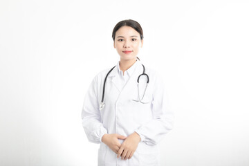 Fototapeta premium Young Chinese female doctor on white background